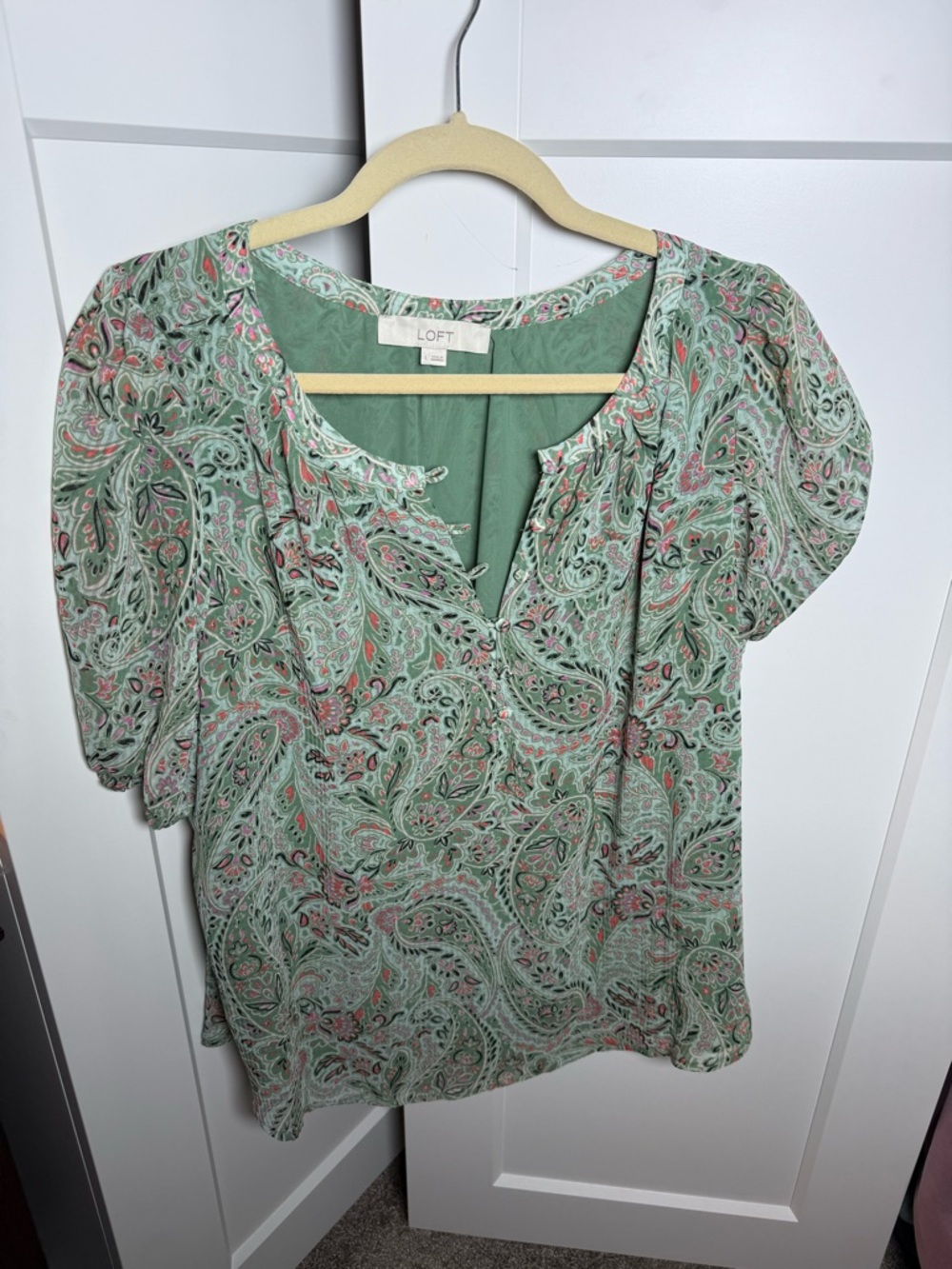 LOFT Mint Paisley Short Sleeve Blouse with Pink Accents